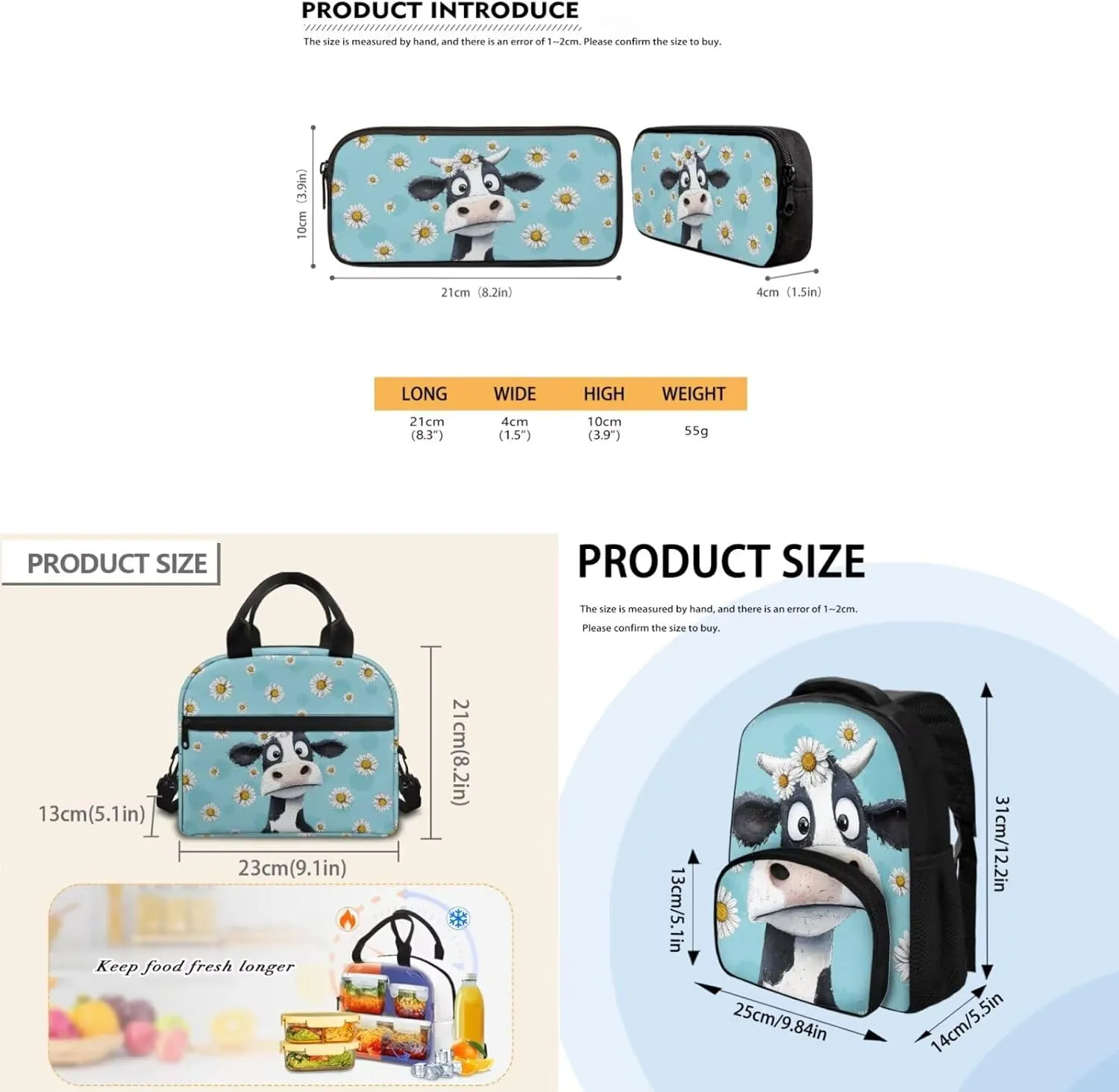 Blue Cow Girls Bookbag with Lunch Box Backpack for 1st Grade Girls Trendy Bookbags with Lunch Bag and Pencil Case for Spring and Fall Trips Kindergarten Casual Daypack