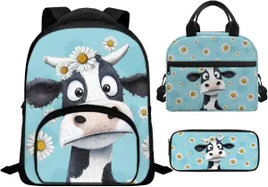 Blue Cow Girls Bookbag with Lunch Box Backpack for 1st Grade Girls Trendy Bookbags with Lunch Bag and Pencil Case for Spring and Fall Trips Kindergarten Casual Daypack
