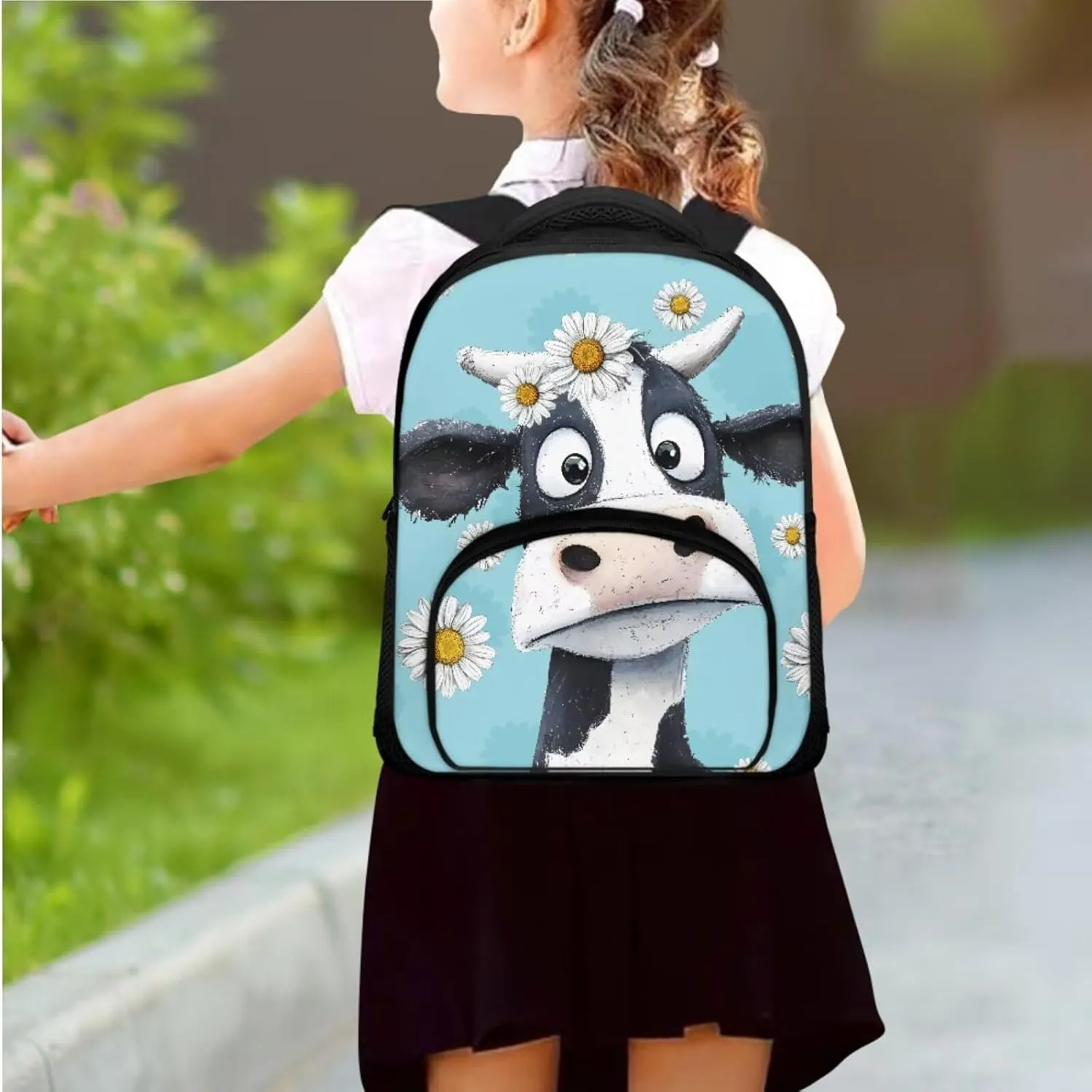 Blue Cow Girls Bookbag with Lunch Box Backpack for 1st Grade Girls Trendy Bookbags with Lunch Bag and Pencil Case for Spring and Fall Trips Kindergarten Casual Daypack