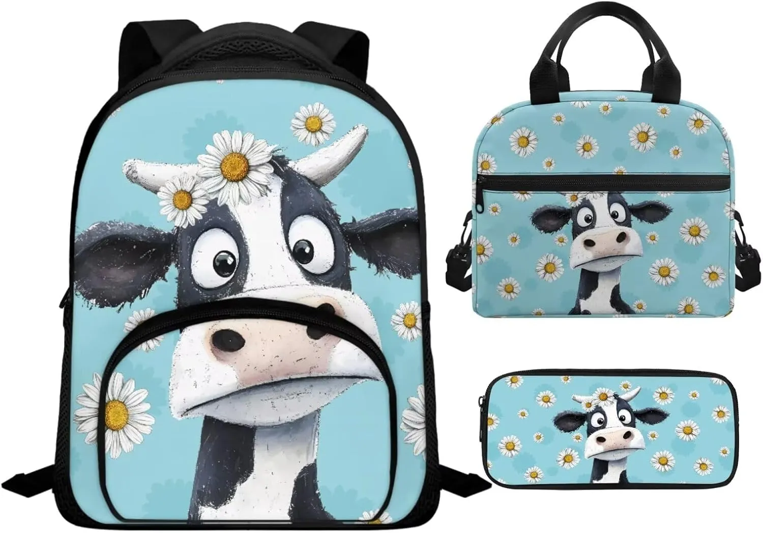 Blue Cow Girls Bookbag with Lunch Box Backpack for 1st Grade Girls Trendy Bookbags with Lunch Bag and Pencil Case for Spring and Fall Trips Kindergarten Casual Daypack