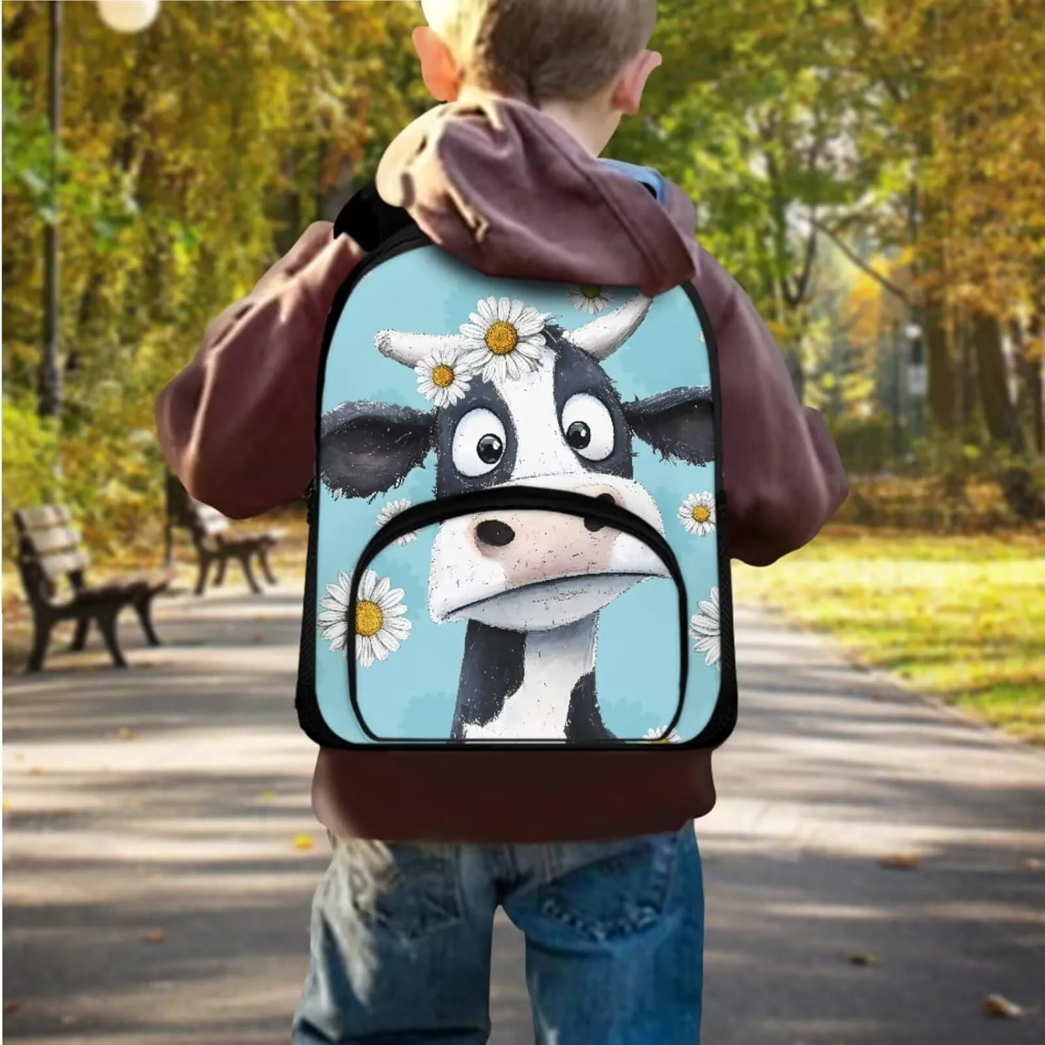Blue Cow Girls Bookbag with Lunch Box Backpack for 1st Grade Girls Trendy Bookbags with Lunch Bag and Pencil Case for Spring and Fall Trips Kindergarten Casual Daypack