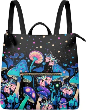 Blue Mushroom Backpack Purse for Women Starry Night Leather Handbag Ladies Fashion Shoulder Bag Travel Backpack