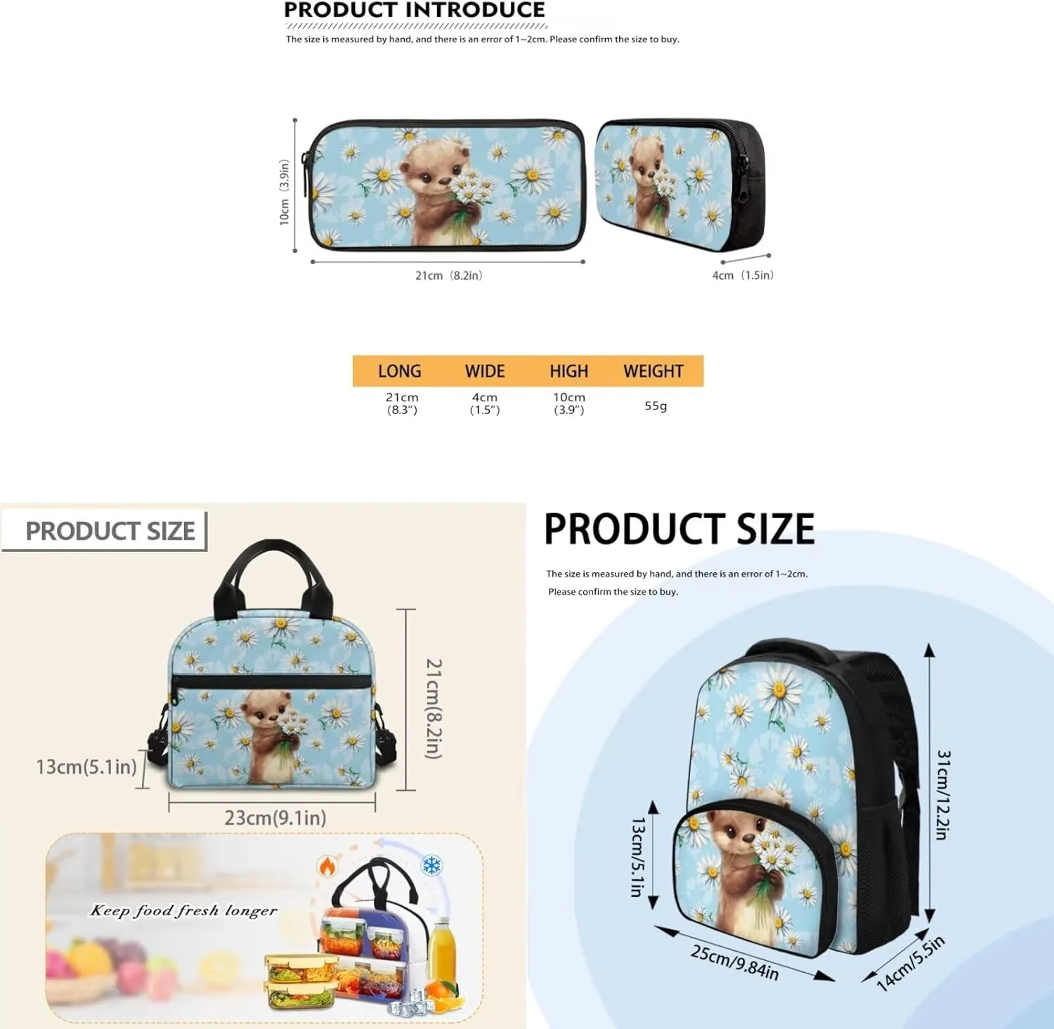 Blue Otter Preschool Backpack for Girls with Lunch Box and Pencil Case Cute Bookbag with Side Pockets for Little Girls Lightweight & 12 Inch Schoolbag for Kindergarten Students
