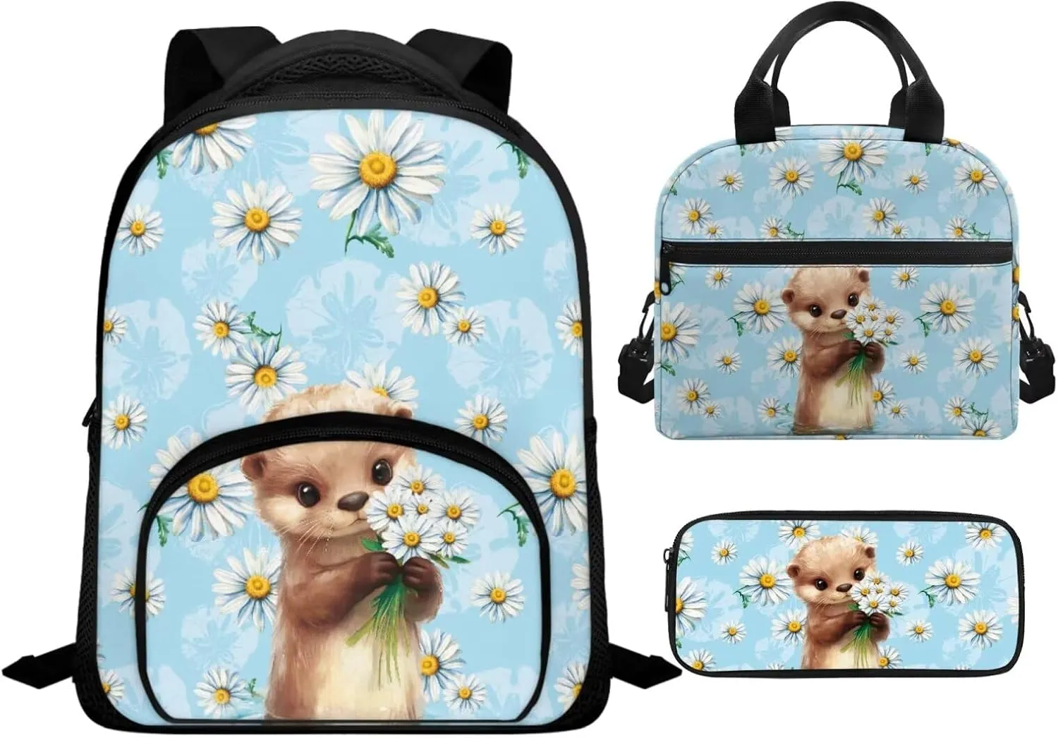 Blue Otter Preschool Backpack for Girls with Lunch Box and Pencil Case Cute Bookbag with Side Pockets for Little Girls Lightweight & 12 Inch Schoolbag for Kindergarten Students