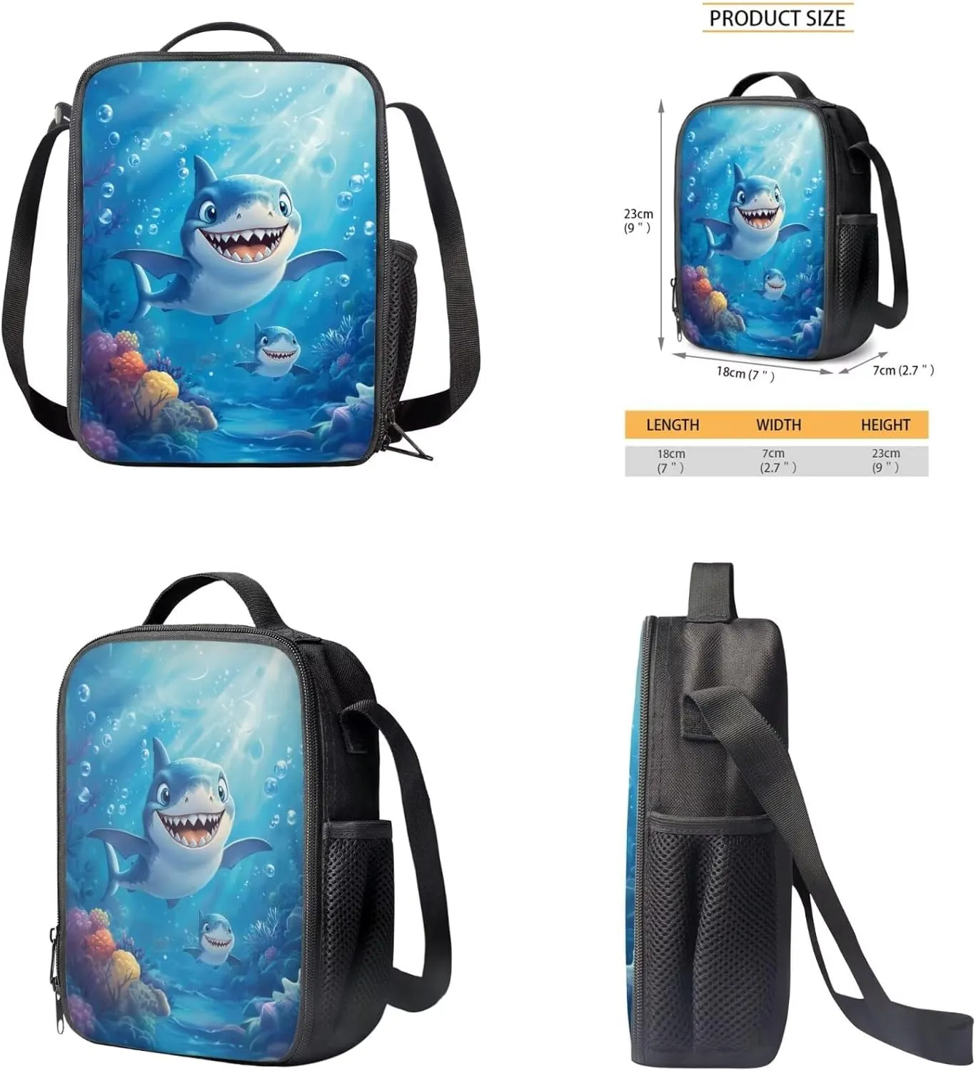 Blue Shark Preschool Backpack for Boys with Lunch Box and Pencil Case Cute Bookbag with Side Pockets for Little Boys Lightweight & 12 Inch Schoolbag for 1st Grade Students Gifts
