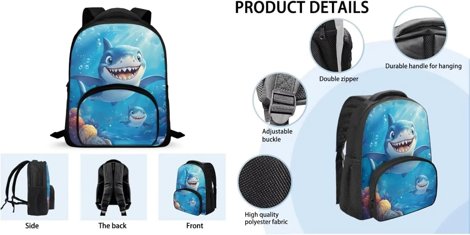 Blue Shark Preschool Backpack for Boys with Lunch Box and Pencil Case Cute Bookbag with Side Pockets for Little Boys Lightweight & 12 Inch Schoolbag for 1st Grade Students Gifts
