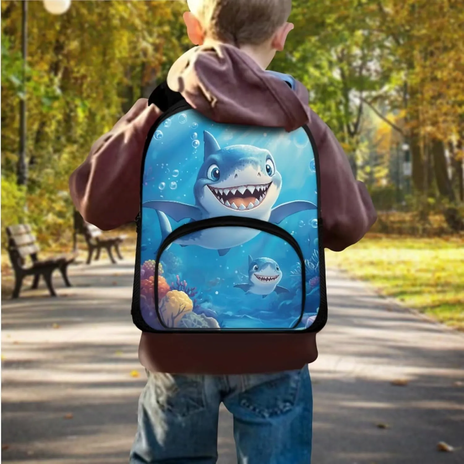 Blue Shark Preschool Backpack for Boys with Lunch Box and Pencil Case Cute Bookbag with Side Pockets for Little Boys Lightweight & 12 Inch Schoolbag for 1st Grade Students Gifts