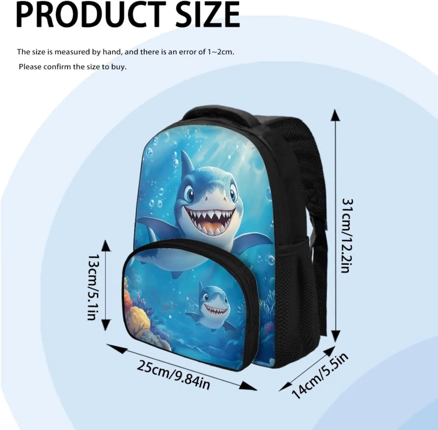 Blue Shark Preschool Backpack for Boys with Lunch Box and Pencil Case Cute Bookbag with Side Pockets for Little Boys Lightweight & 12 Inch Schoolbag for 1st Grade Students Gifts