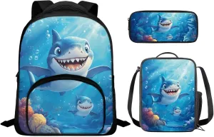 Blue Shark Preschool Backpack for Boys with Lunch Box and Pencil Case Cute Bookbag with Side Pockets for Little Boys Lightweight & 12 Inch Schoolbag for 1st Grade Students Gifts
