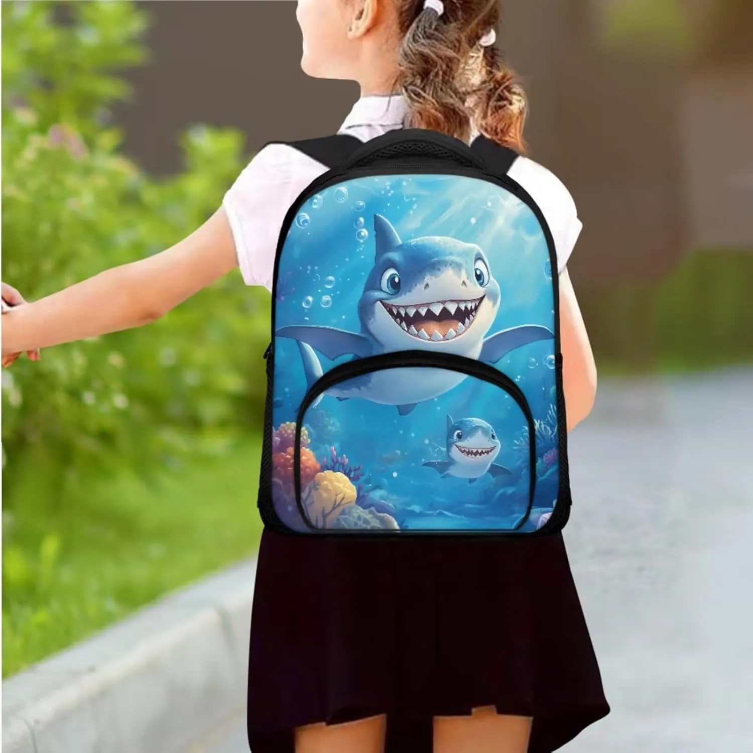 Blue Shark Preschool Backpack for Boys with Lunch Box and Pencil Case Cute Bookbag with Side Pockets for Little Boys Lightweight & 12 Inch Schoolbag for 1st Grade Students Gifts