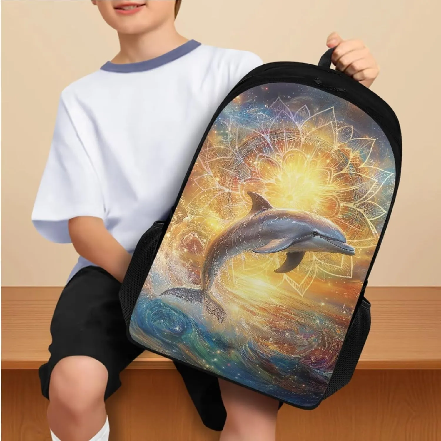 Boho Dolphin Backpack for Girls Boys Backpack with Lunch Box Bookmark and Soft Pencil Case 4PCS School Backpack Set for Little Girls Primary School with Side Cup Holder