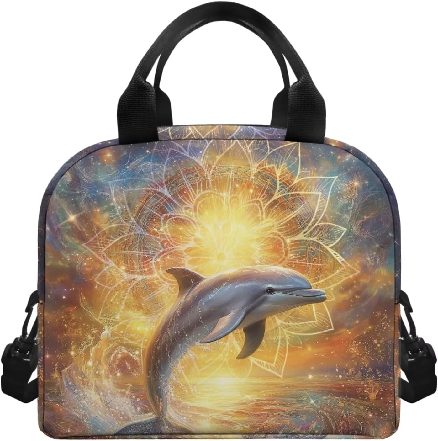 Boho Dolphin Backpack for Girls Boys Backpack with Lunch Box Bookmark and Soft Pencil Case 4PCS School Backpack Set for Little Girls Primary School with Side Cup Holder