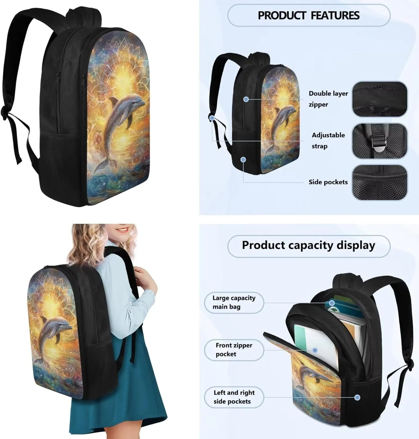 Boho Dolphin Backpack for Girls Boys Backpack with Lunch Box Bookmark and Soft Pencil Case 4PCS School Backpack Set for Little Girls Primary School with Side Cup Holder