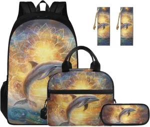 Boho Dolphin Backpack for Girls Boys Backpack with Lunch Box Bookmark and Soft Pencil Case 4PCS School Backpack Set for Little Girls Primary School with Side Cup Holder