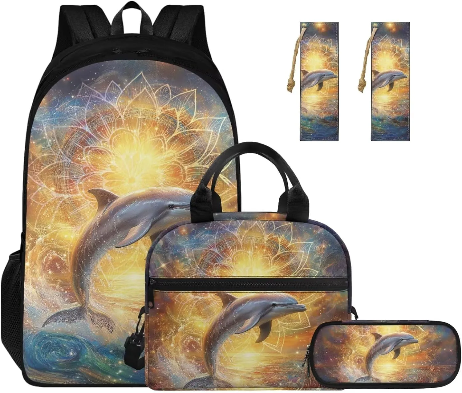 Boho Dolphin Backpack for Girls Boys Backpack with Lunch Box Bookmark and Soft Pencil Case 4PCS School Backpack Set for Little Girls Primary School with Side Cup Holder