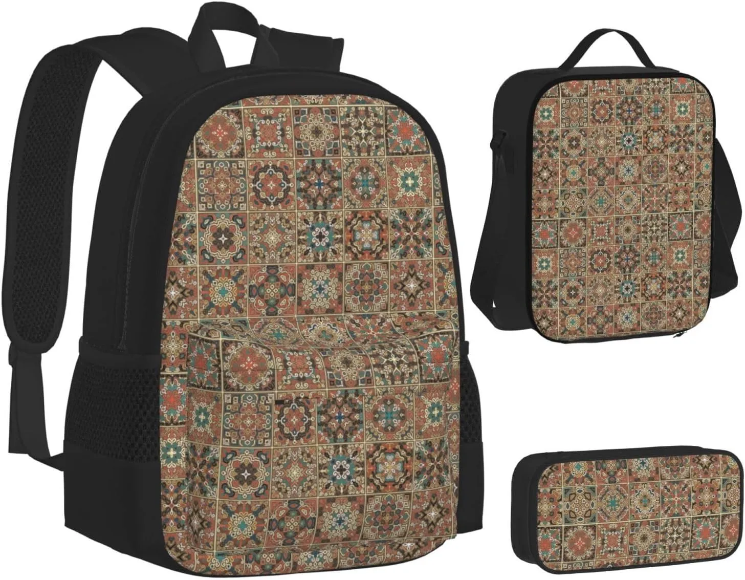 Boho Mandala Abstract Flower Multifunctional Pocket Backpack Crossbody Lunch Bag Pencil Case 3Pcs Set Large Capacity Backpack