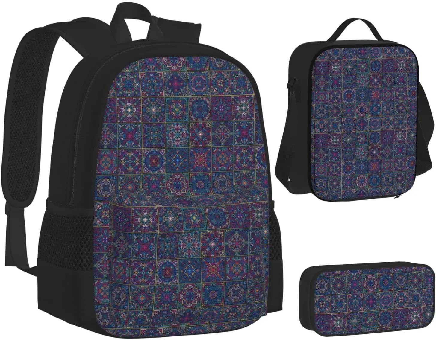Boho Mandala Abstract Flower Multifunctional Pocket Backpack Crossbody Lunch Bag Pencil Case 3Pcs Set Large Capacity Backpack