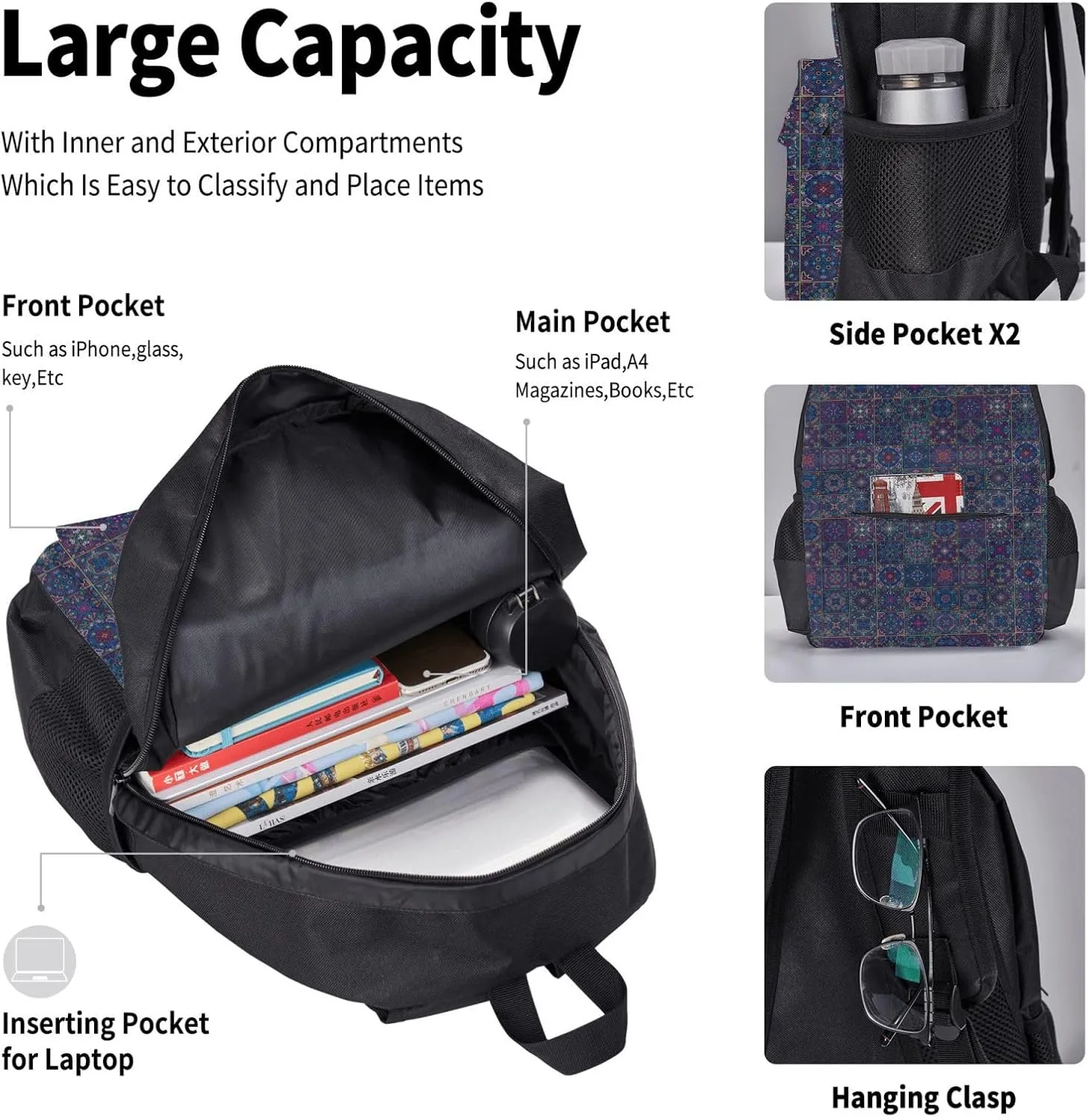 Boho Mandala Abstract Flower Multifunctional Pocket Backpack Crossbody Lunch Bag Pencil Case 3Pcs Set Large Capacity Backpack