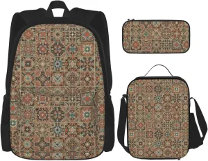 Boho Mandala Abstract Flower Multifunctional Pocket Backpack Crossbody Lunch Bag Pencil Case 3Pcs Set Large Capacity Backpack
