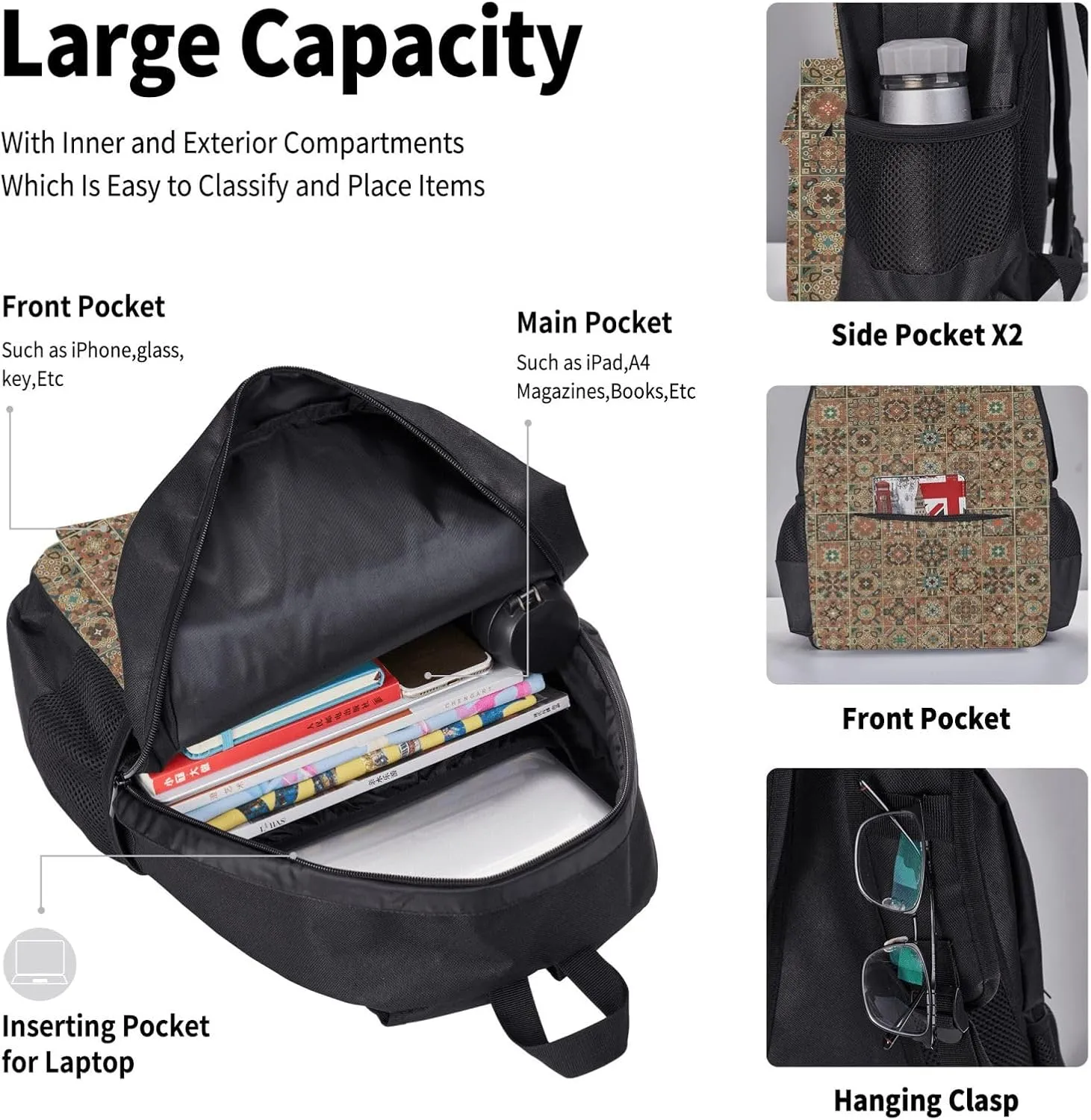 Boho Mandala Abstract Flower Multifunctional Pocket Backpack Crossbody Lunch Bag Pencil Case 3Pcs Set Large Capacity Backpack