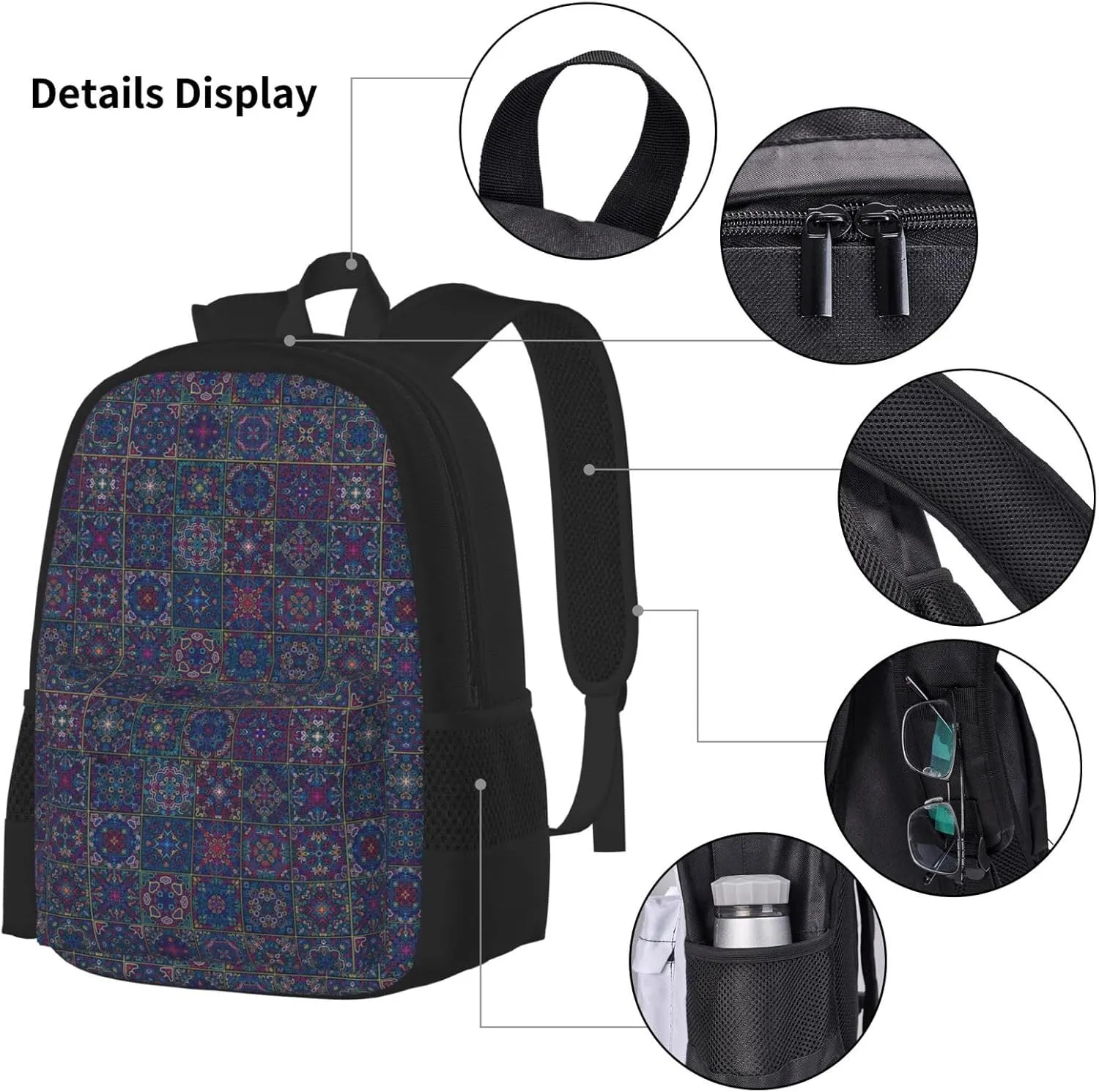 Boho Mandala Abstract Flower Multifunctional Pocket Backpack Crossbody Lunch Bag Pencil Case 3Pcs Set Large Capacity Backpack