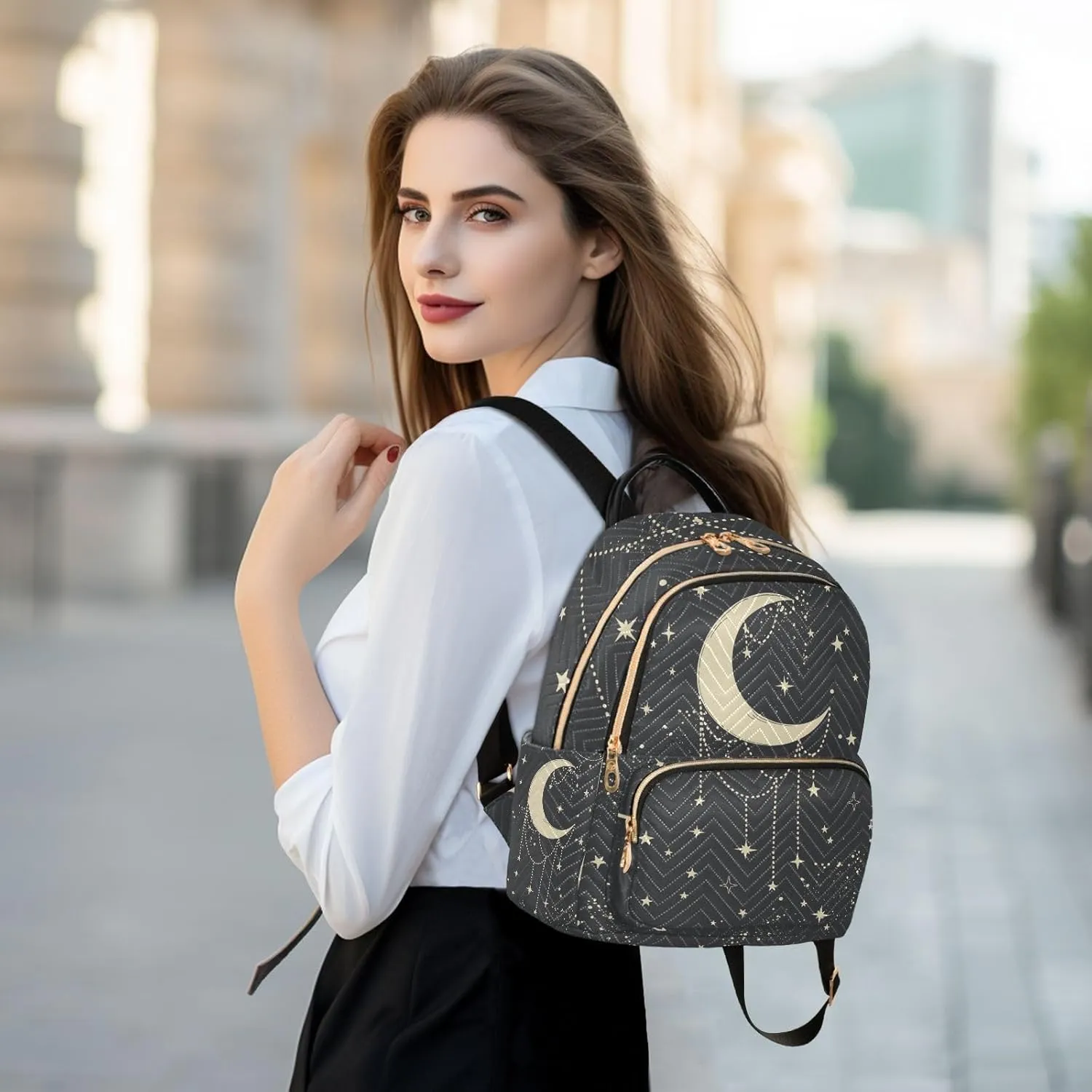 Boho Moon Quilted Backpack Purse for Women Fashion Small Backpack Shoulder Bag Travel Casual Daypack