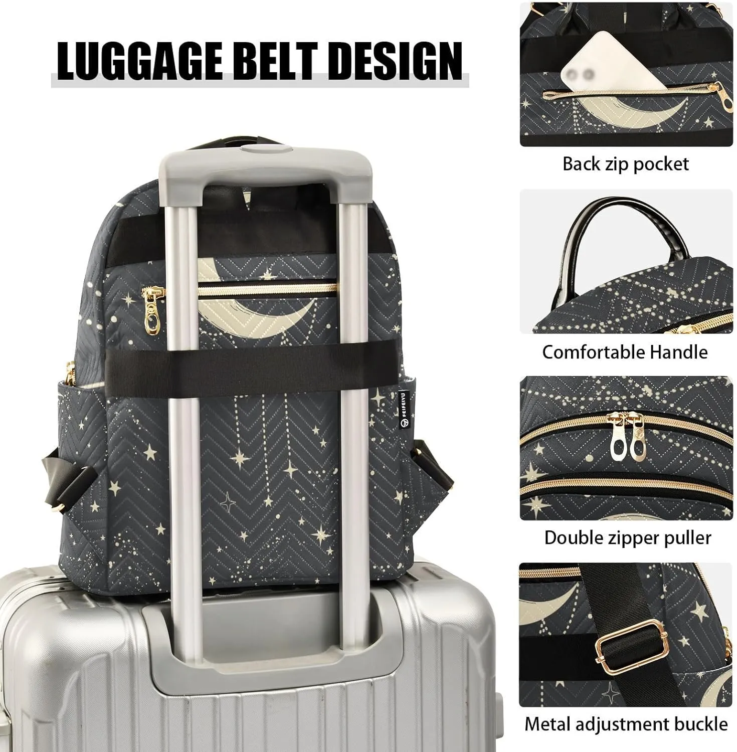 Boho Moon Quilted Backpack Purse for Women Fashion Small Backpack Shoulder Bag Travel Casual Daypack