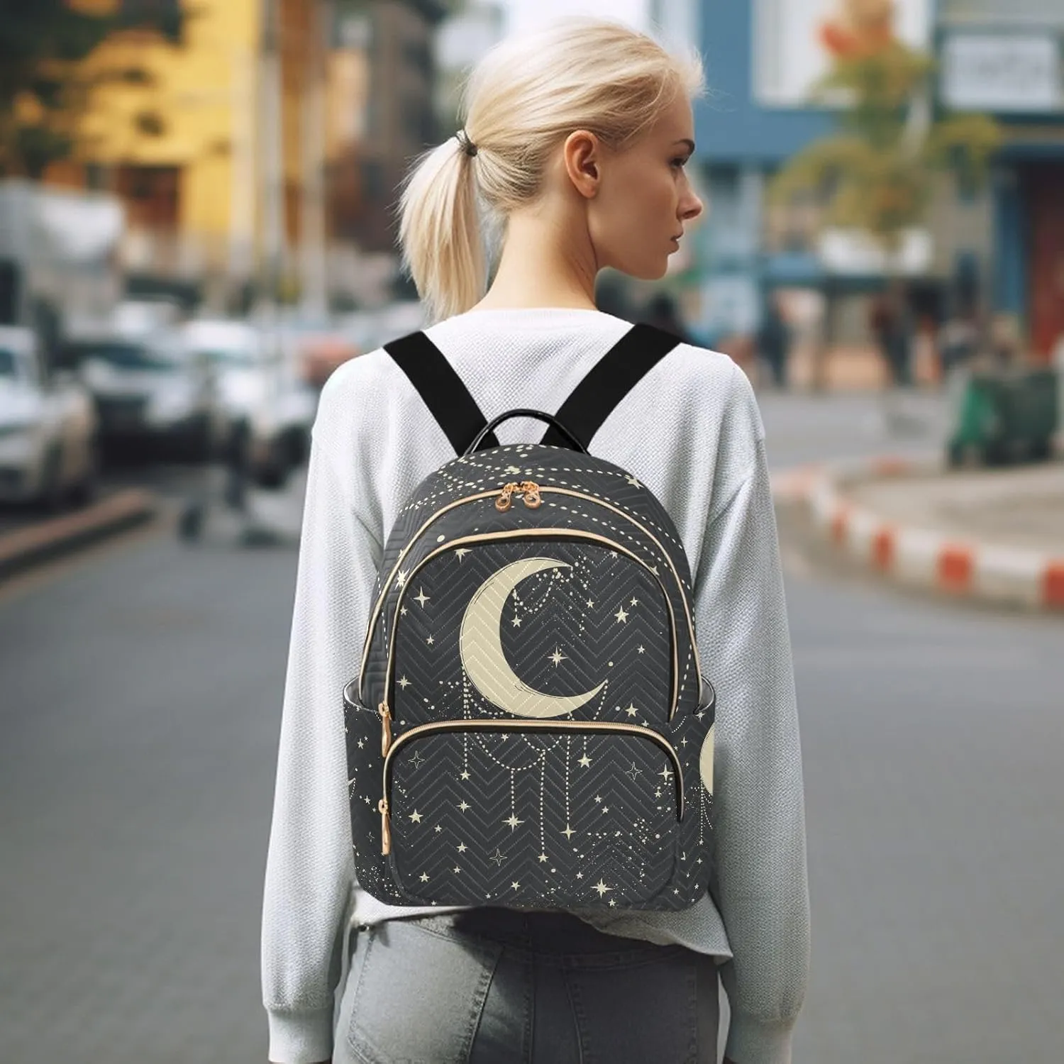 Boho Moon Quilted Backpack Purse for Women Fashion Small Backpack Shoulder Bag Travel Casual Daypack