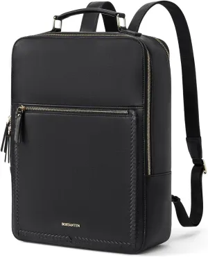 BOSTANTEN Leather Backpack 15.6 inch Laptop Bag Travel Casual Computer Backpack College Business Work Shoulder Bags with Trolley Sleeve for Women Men Black