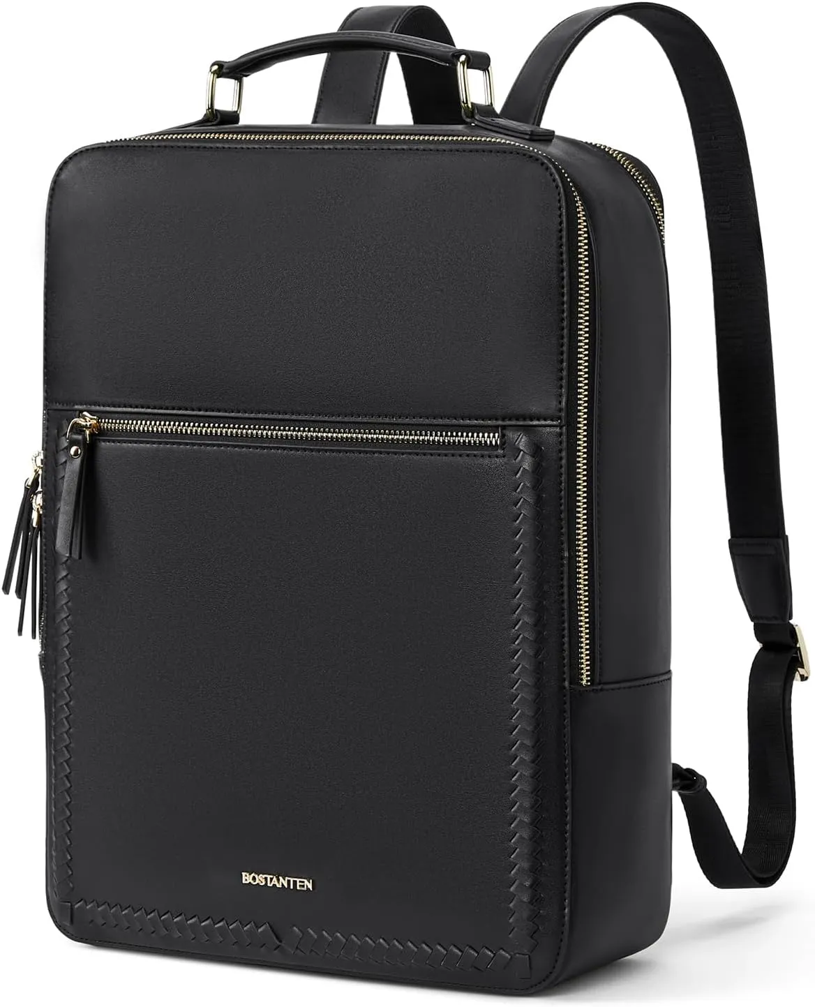 BOSTANTEN Leather Backpack 15.6 inch Laptop Bag Travel Casual Computer Backpack College Business Work Shoulder Bags with Trolley Sleeve for Women Men Black
