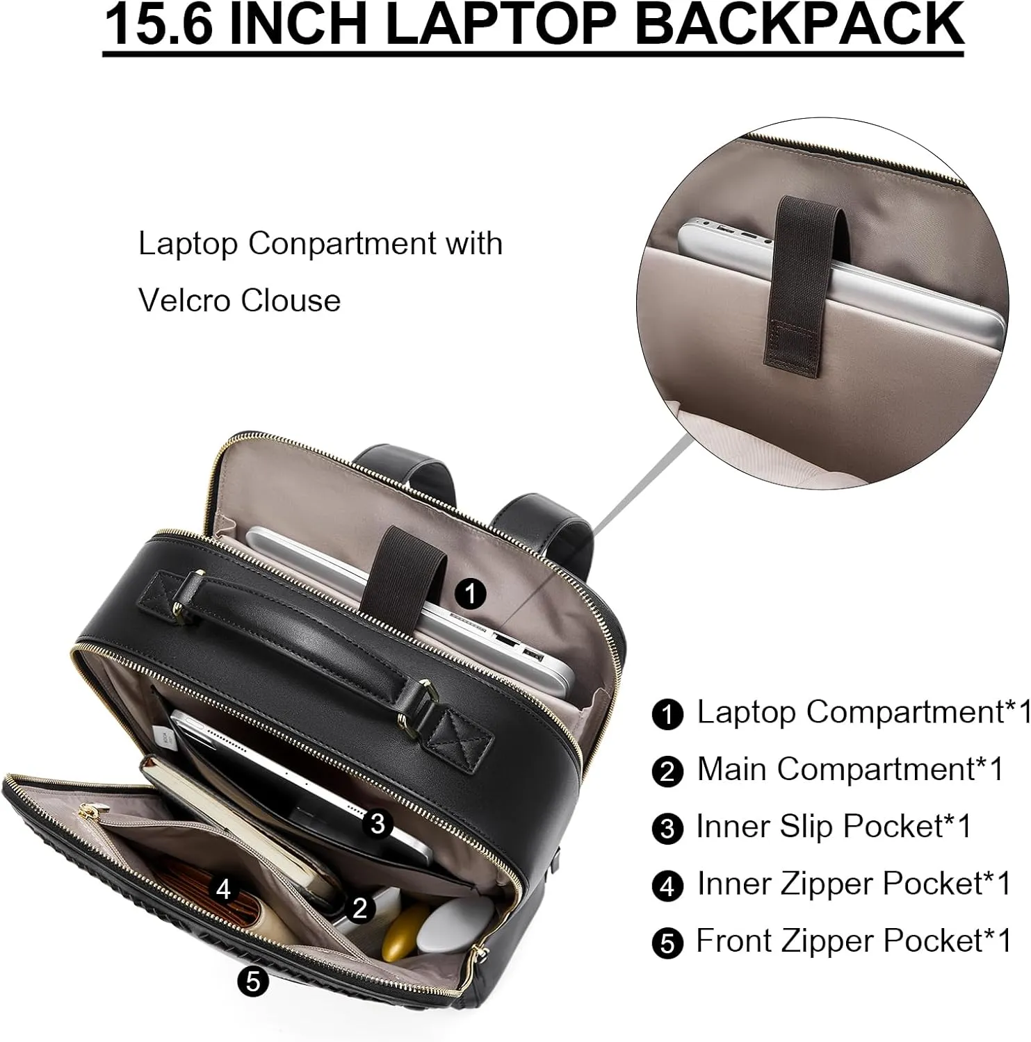BOSTANTEN Leather Backpack 15.6 inch Laptop Bag Travel Casual Computer Backpack College Business Work Shoulder Bags with Trolley Sleeve for Women Men Black