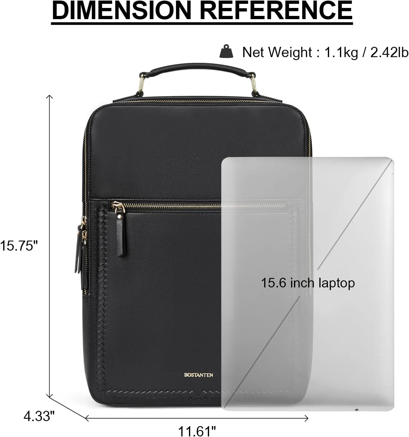 BOSTANTEN Leather Backpack 15.6 inch Laptop Bag Travel Casual Computer Backpack College Business Work Shoulder Bags with Trolley Sleeve for Women Men Black