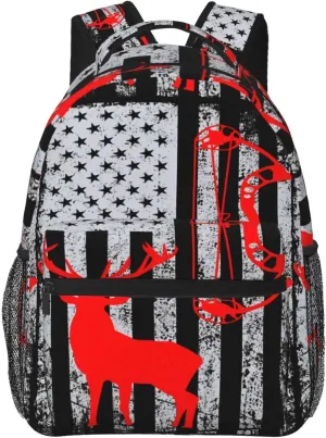 Bow Hunting American Flag Archery Deer Backpack Casual Pack Bag Laptop Backpack With Side Pocket Front Zipper Pocket Bookpack Travel Daypack Picnic Rucksack