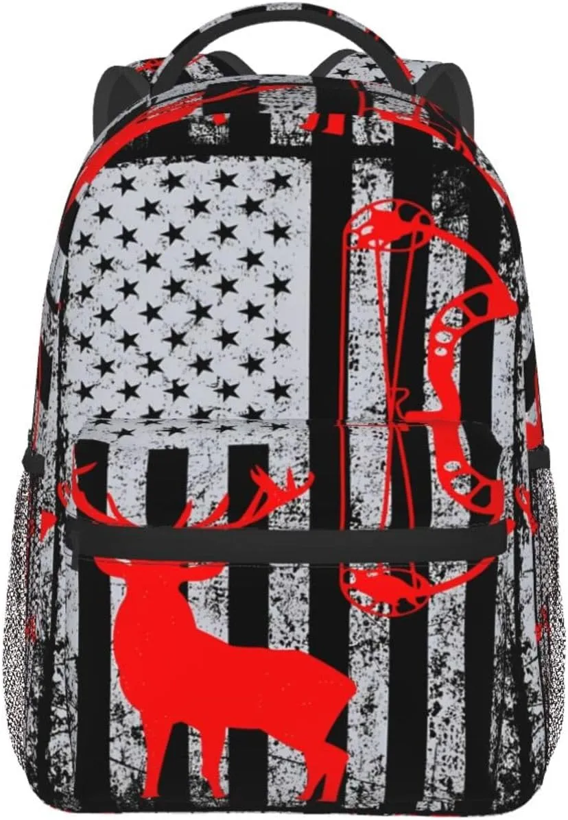 Bow Hunting American Flag Archery Deer Backpack Casual Pack Bag Laptop Backpack With Side Pocket Front Zipper Pocket Bookpack Travel Daypack Picnic Rucksack