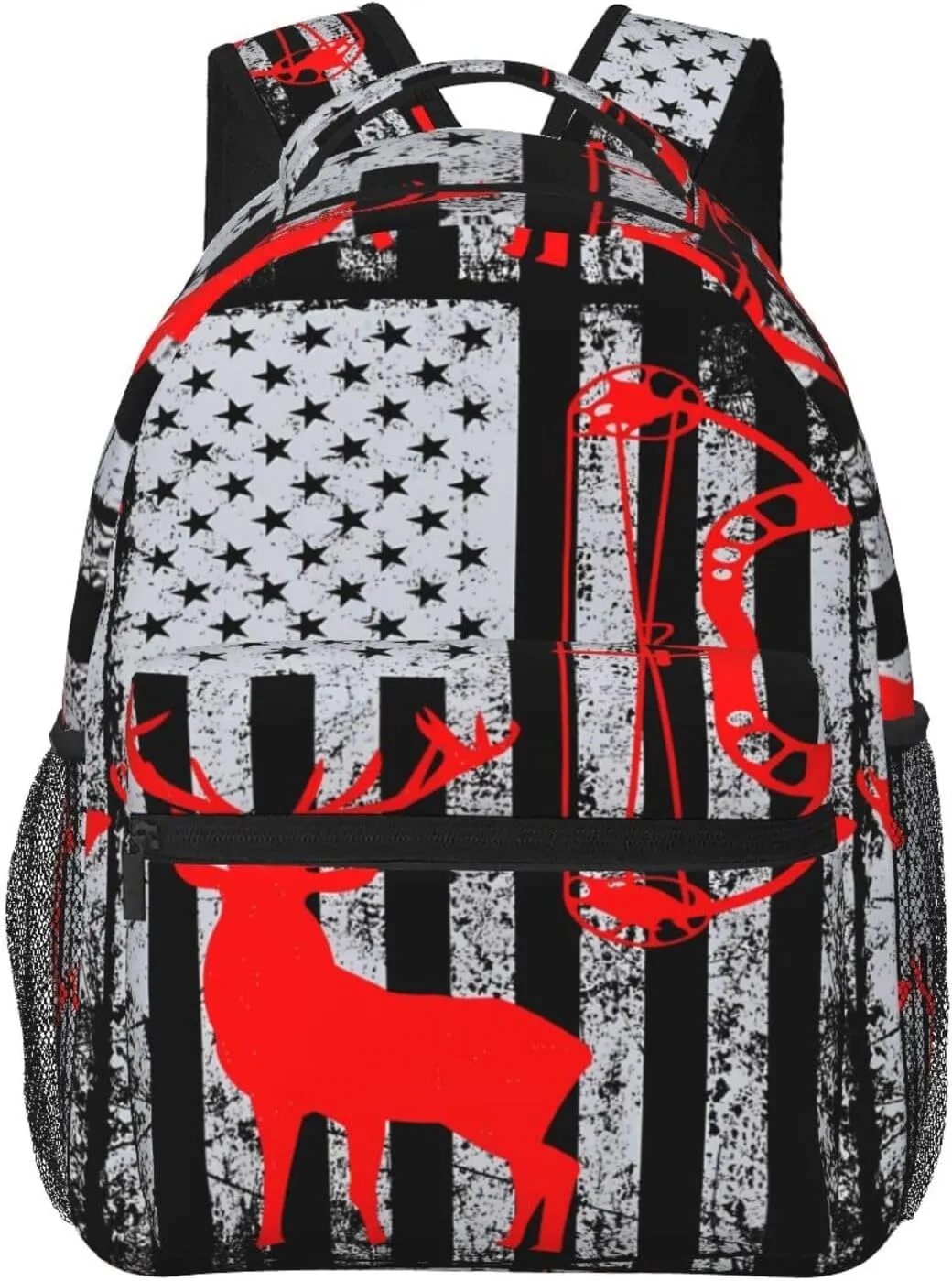 Bow Hunting American Flag Archery Deer Backpack Casual Pack Bag Laptop Backpack With Side Pocket Front Zipper Pocket Bookpack Travel Daypack Picnic Rucksack