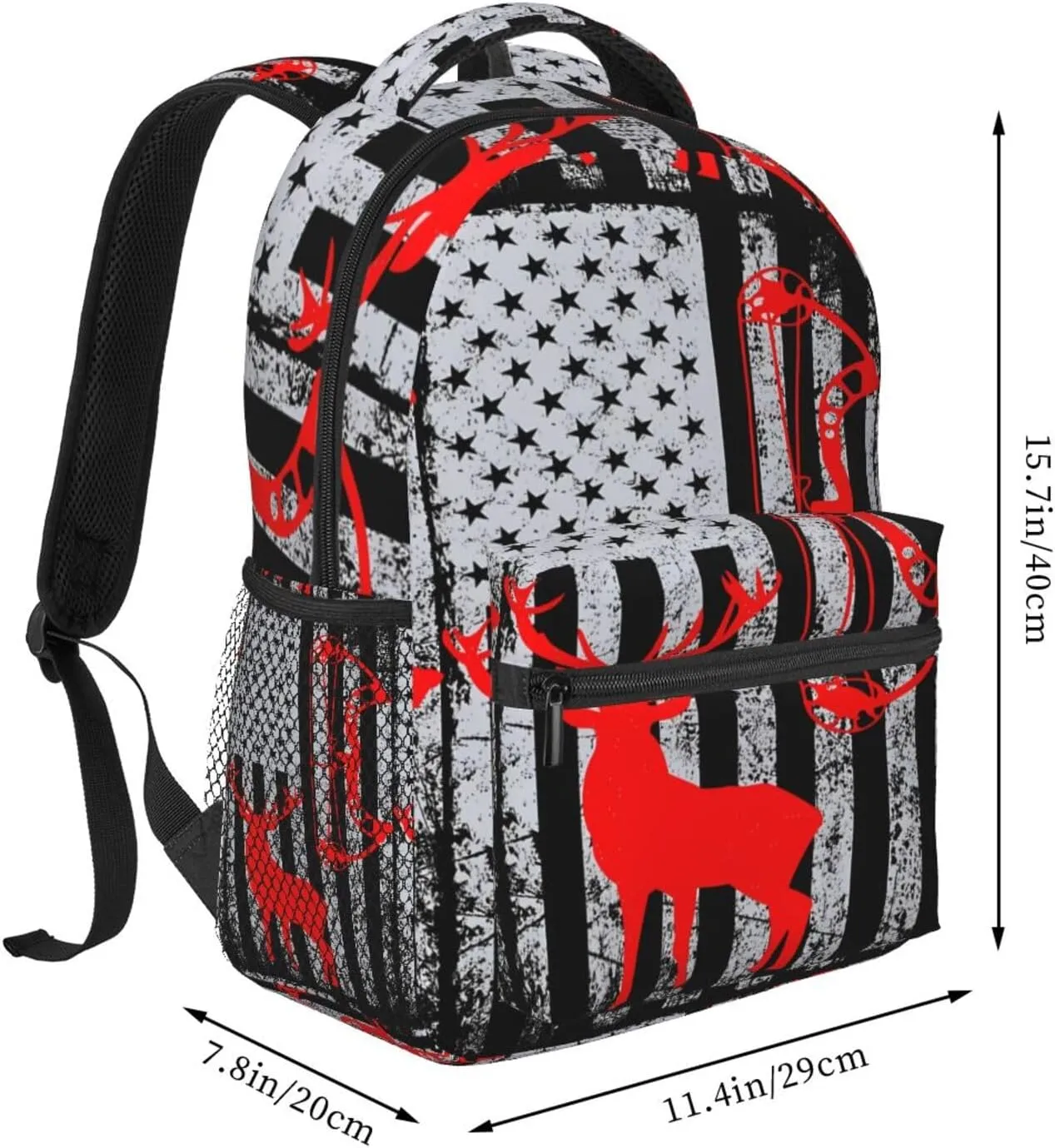 Bow Hunting American Flag Archery Deer Backpack Casual Pack Bag Laptop Backpack With Side Pocket Front Zipper Pocket Bookpack Travel Daypack Picnic Rucksack