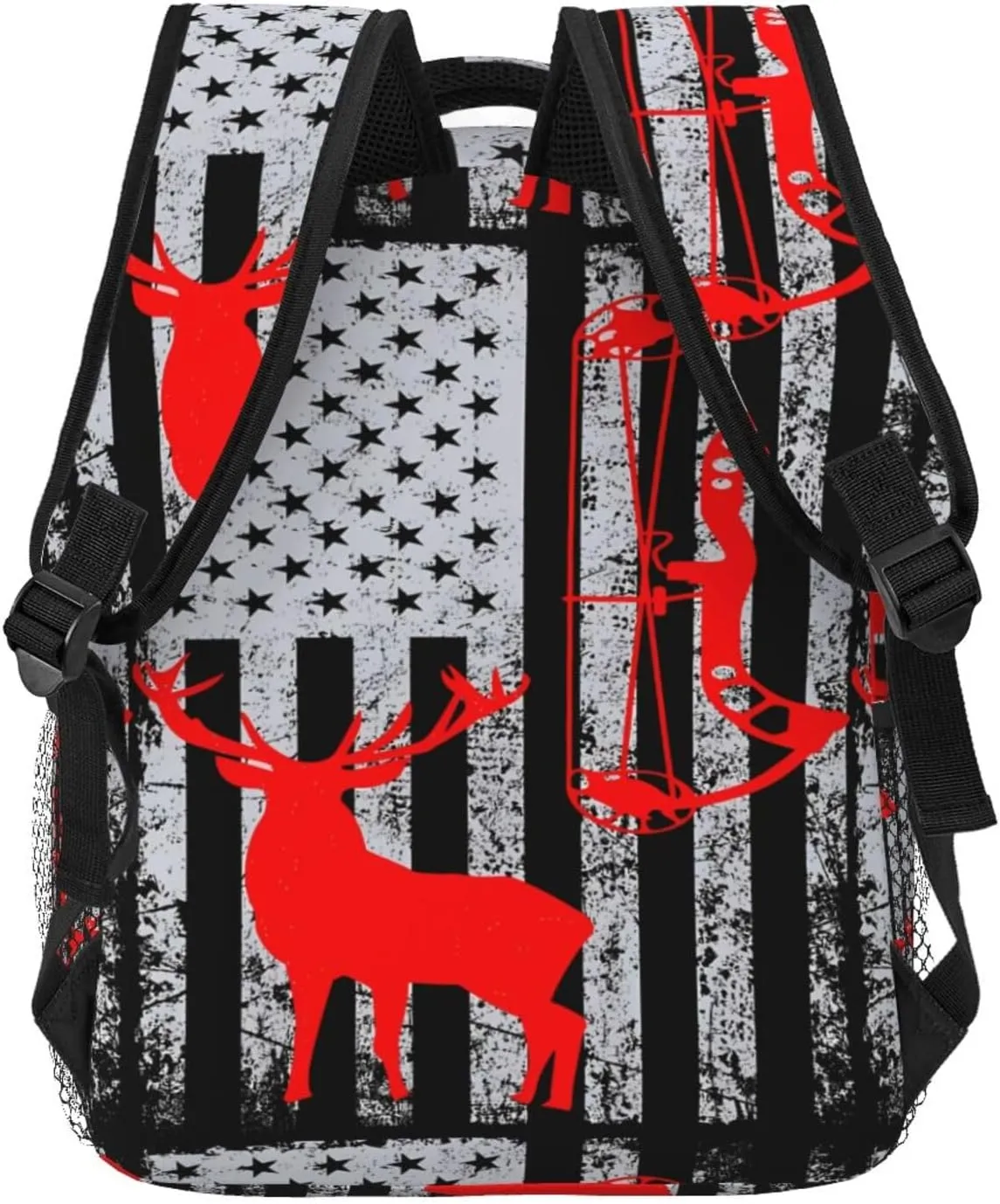 Bow Hunting American Flag Archery Deer Backpack Casual Pack Bag Laptop Backpack With Side Pocket Front Zipper Pocket Bookpack Travel Daypack Picnic Rucksack