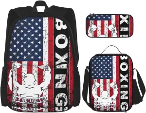 Boxing USA American Flag Boxer Fitness Trainer 4th Of July Multifunctional Pocket Backpack Crossbody Lunch Bag Pencil Case 3Pcs Set Large Capacity Backpack