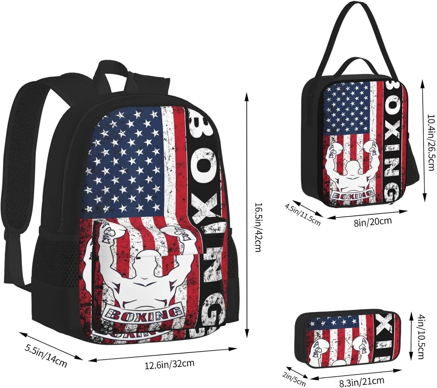 Boxing USA American Flag Boxer Fitness Trainer 4th Of July Multifunctional Pocket Backpack Crossbody Lunch Bag Pencil Case 3Pcs Set Large Capacity Backpack