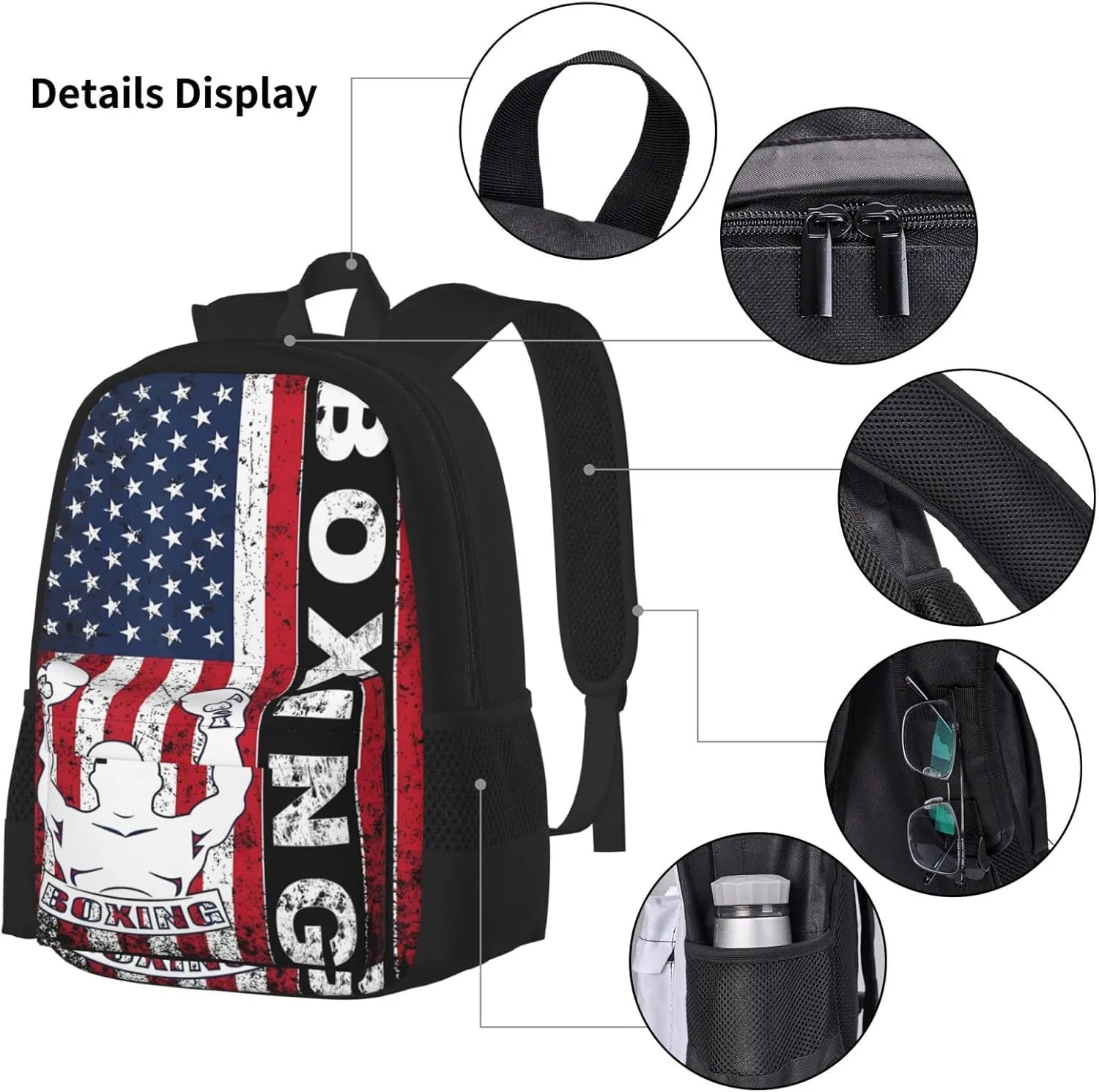Boxing USA American Flag Boxer Fitness Trainer 4th Of July Multifunctional Pocket Backpack Crossbody Lunch Bag Pencil Case 3Pcs Set Large Capacity Backpack