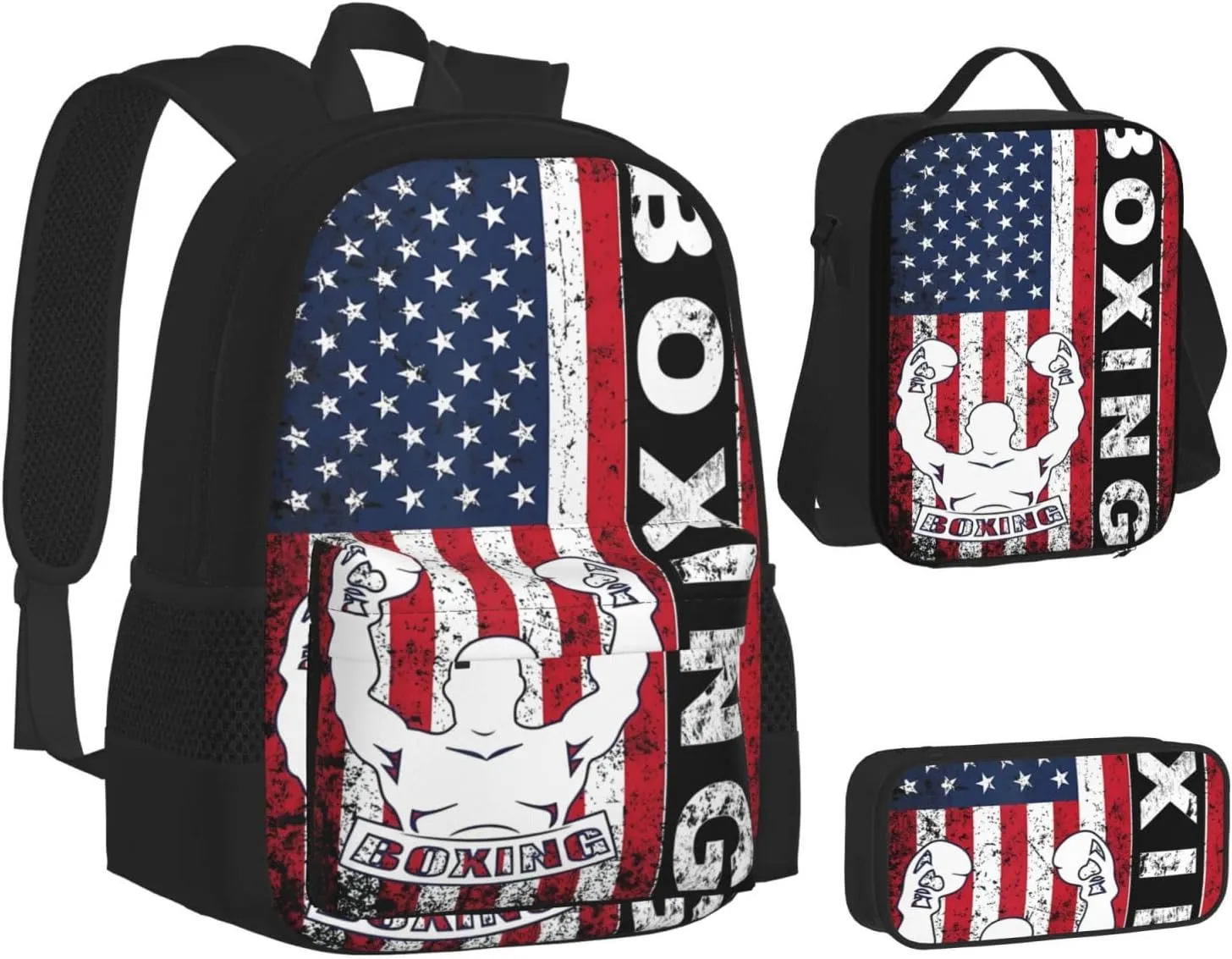 Boxing USA American Flag Boxer Fitness Trainer 4th Of July Multifunctional Pocket Backpack Crossbody Lunch Bag Pencil Case 3Pcs Set Large Capacity Backpack