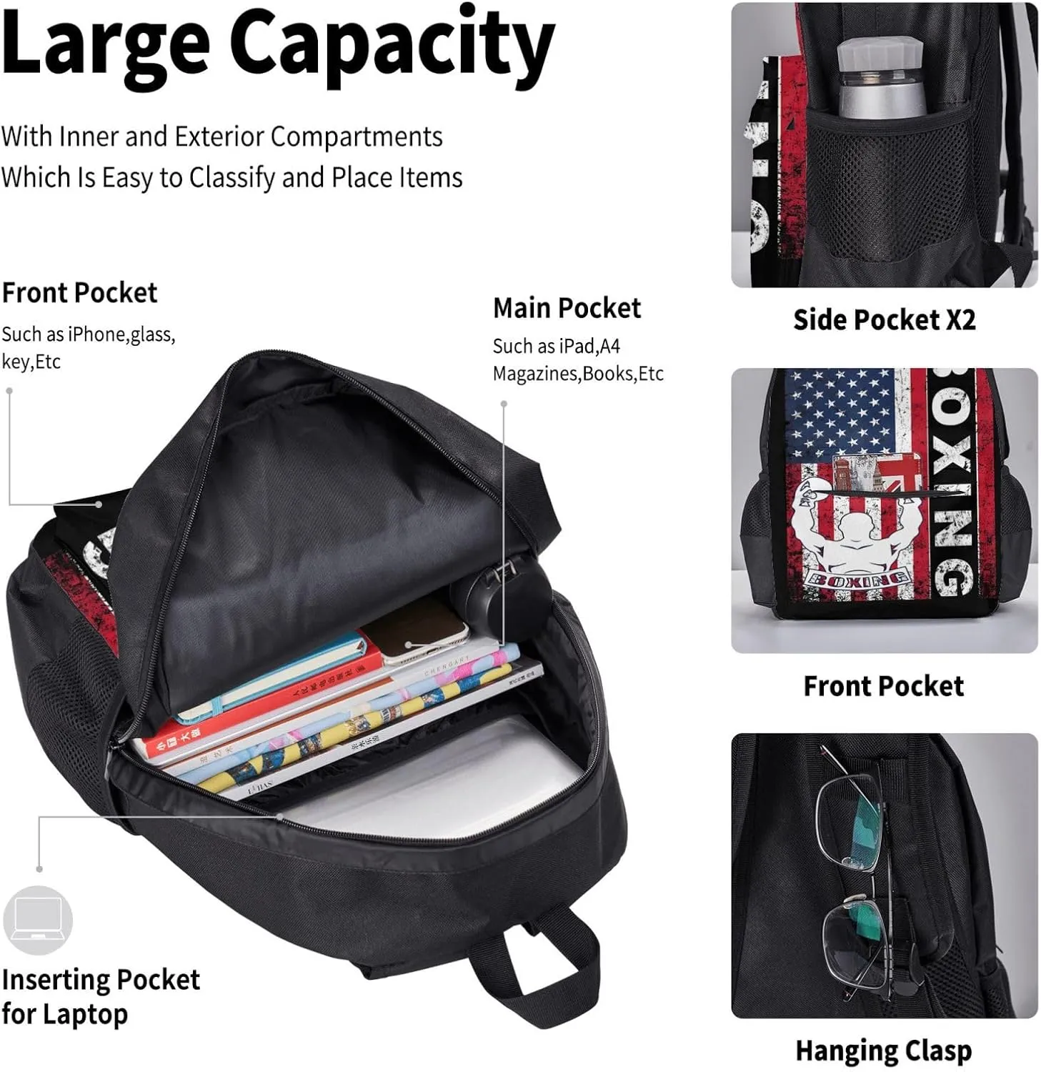 Boxing USA American Flag Boxer Fitness Trainer 4th Of July Multifunctional Pocket Backpack Crossbody Lunch Bag Pencil Case 3Pcs Set Large Capacity Backpack