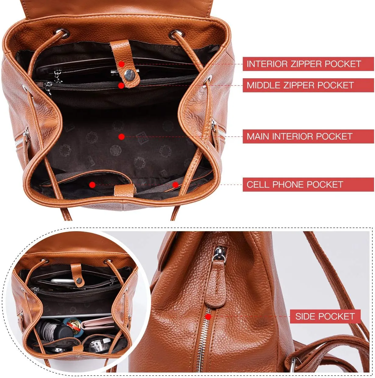 BOYATU Leather Backpack Purse for Women: Ladies Travel Fashion Back Pack - Genuine Leather Bag Casual Handbags for Work (Brown)