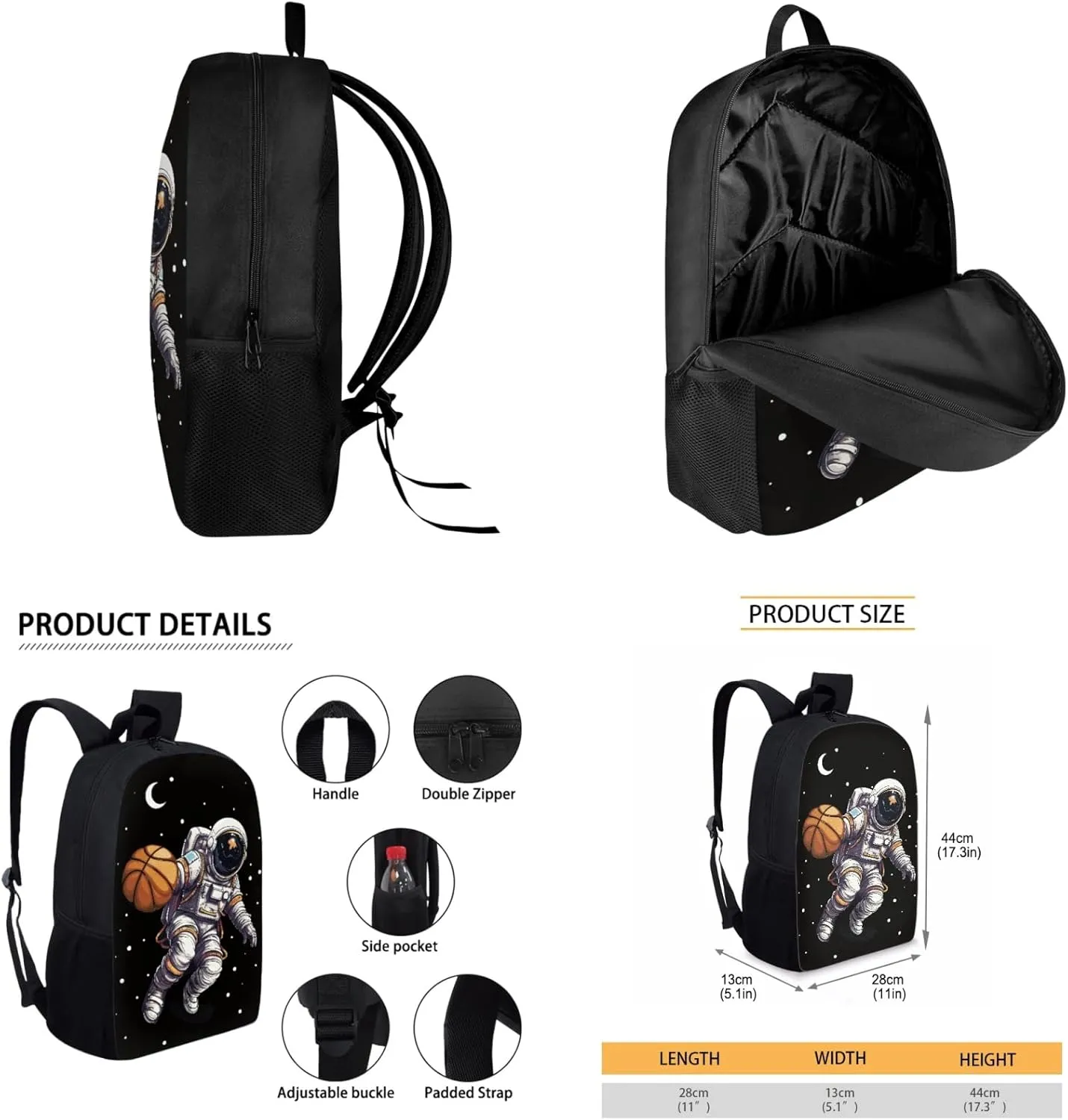 Boys Astronaut Backpack 3-Piece Set,Basketball Bookbag for Elementary Kids Moon School Bag for 5-7 Years Children Daypack 17 Inch Shoulder Bags with Lunch Bag
