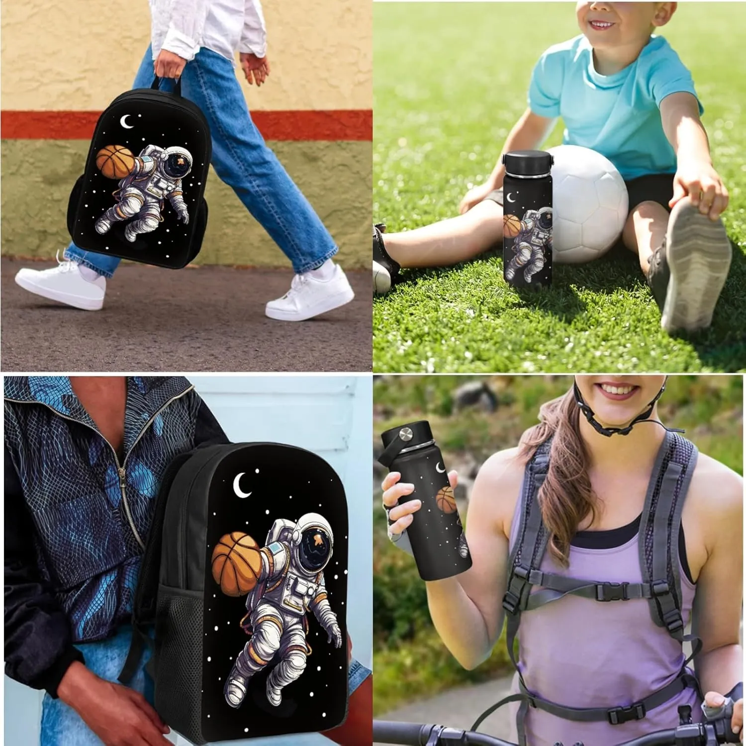 Boys Astronaut Backpack 3-Piece Set,Basketball Bookbag for Elementary Kids Moon School Bag for 5-7 Years Children Daypack 17 Inch Shoulder Bags with Lunch Bag