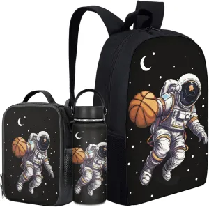 Boys Astronaut Backpack 3-Piece Set,Basketball Bookbag for Elementary Kids Moon School Bag for 5-7 Years Children Daypack 17 Inch Shoulder Bags with Lunch Bag