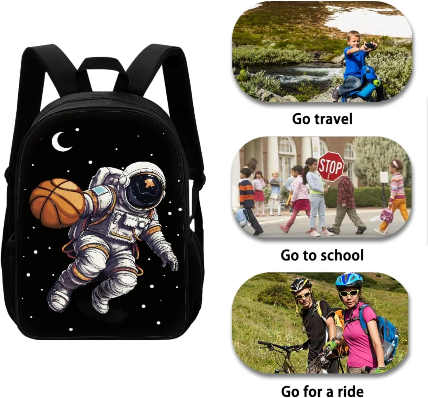 Boys Astronaut Backpack 3-Piece Set,Basketball Bookbag for Elementary Kids Moon School Bag for 5-7 Years Children Daypack 17 Inch Shoulder Bags with Lunch Bag