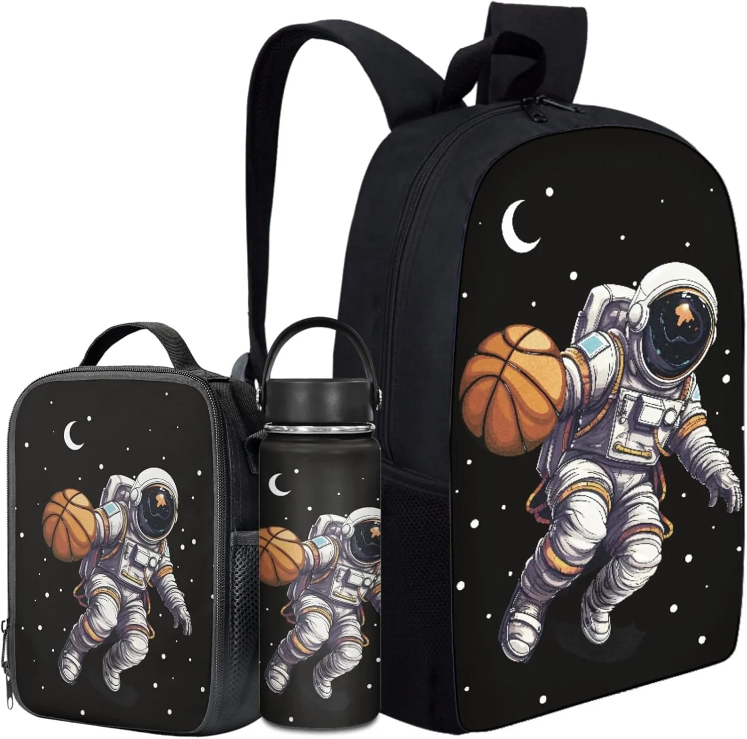 Boys Astronaut Backpack 3-Piece Set,Basketball Bookbag for Elementary Kids Moon School Bag for 5-7 Years Children Daypack 17 Inch Shoulder Bags with Lunch Bag
