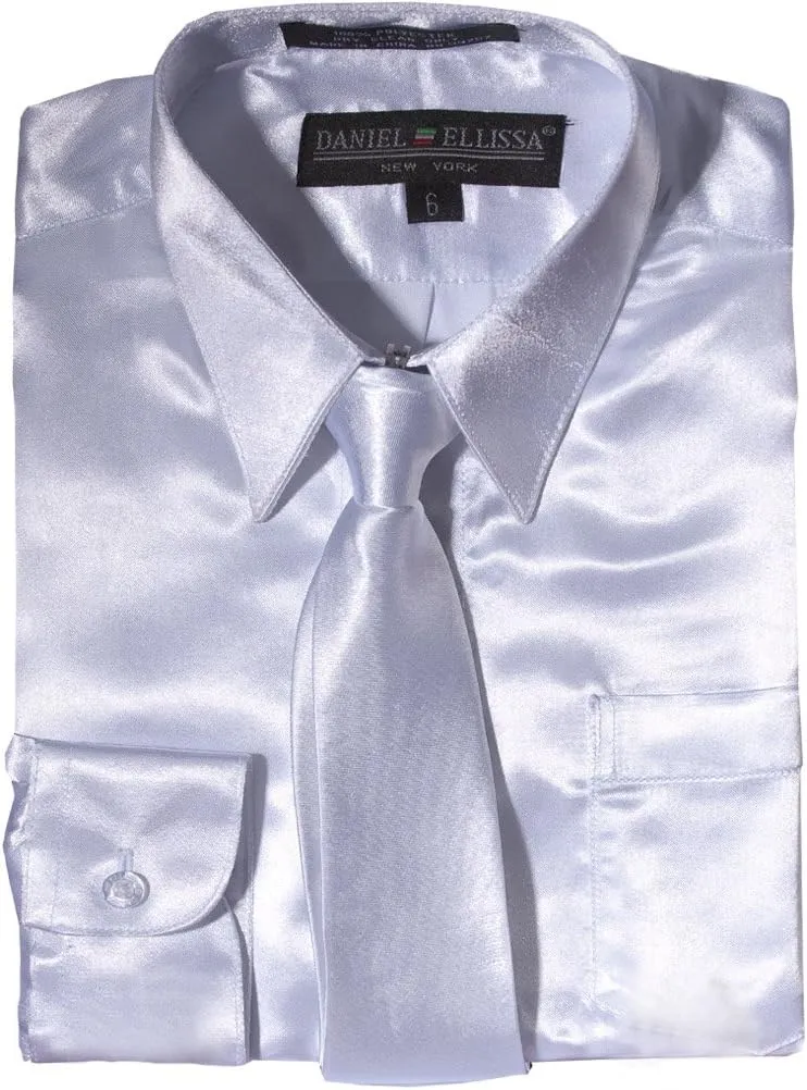 Boys Long Sleeve Satin Dress Shirt with Matching Tie and Pocket Square