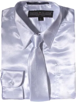 Boys Long Sleeve Satin Dress Shirt with Matching Tie and Pocket Square